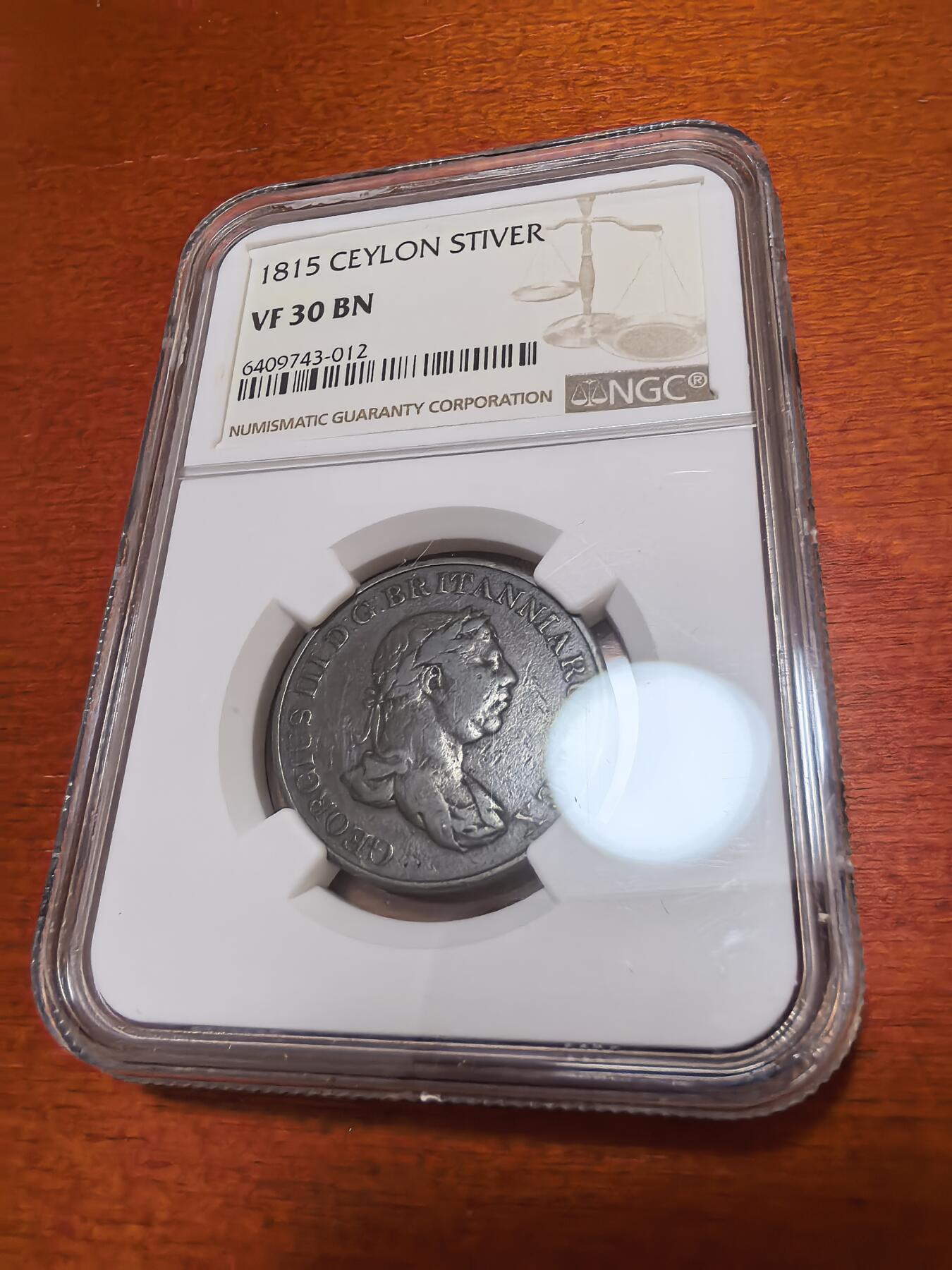 长老汇蛇年精选第四十四场拍卖 1815 英属锡兰（斯里兰卡）乔治三世1S铜币，NGC VF30BN