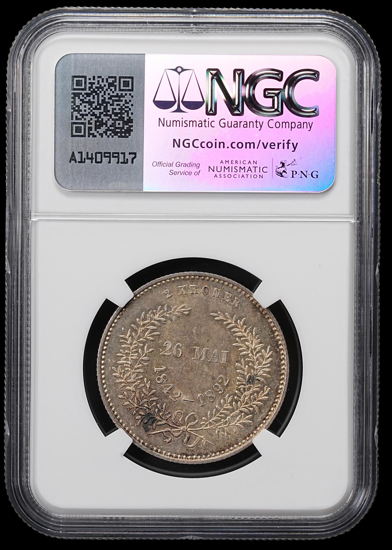修遠堂世界钱币第八十四期 NGC MS63 1892年丹麦国王金婚纪念2克朗银币