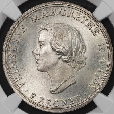 修遠堂世界钱币第八十四期 - NGC MS65 1958年丹麦玛格丽特公主18周岁纪念2克朗银币