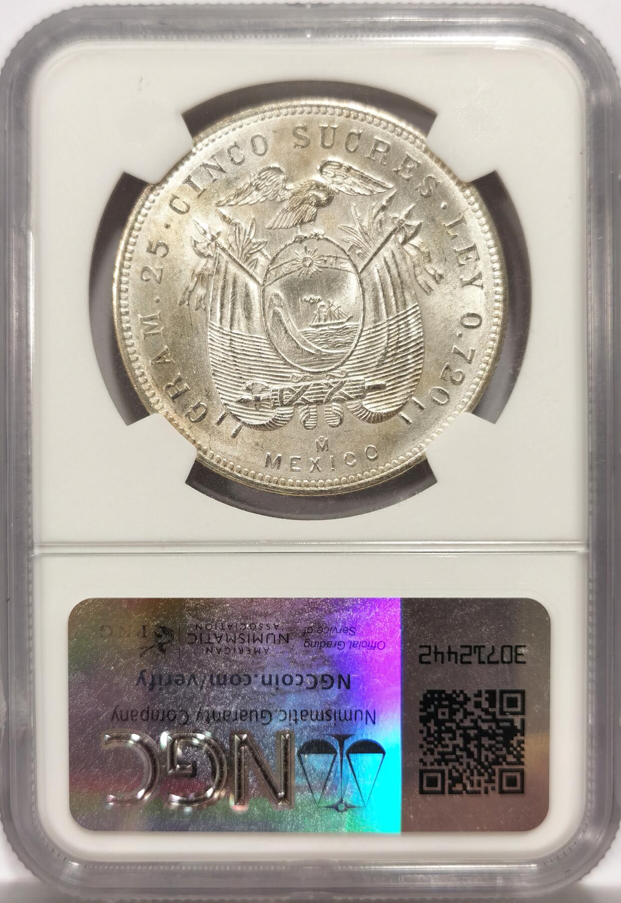 博洋堂世界钱币拍卖第139期（全场包邮） 厄瓜多尔1943年5苏克雷银币NGC-MS62，原汁原味出厂状态，币面清爽干净又漂亮，转光强烈细节优秀，状态极佳，略为低评。