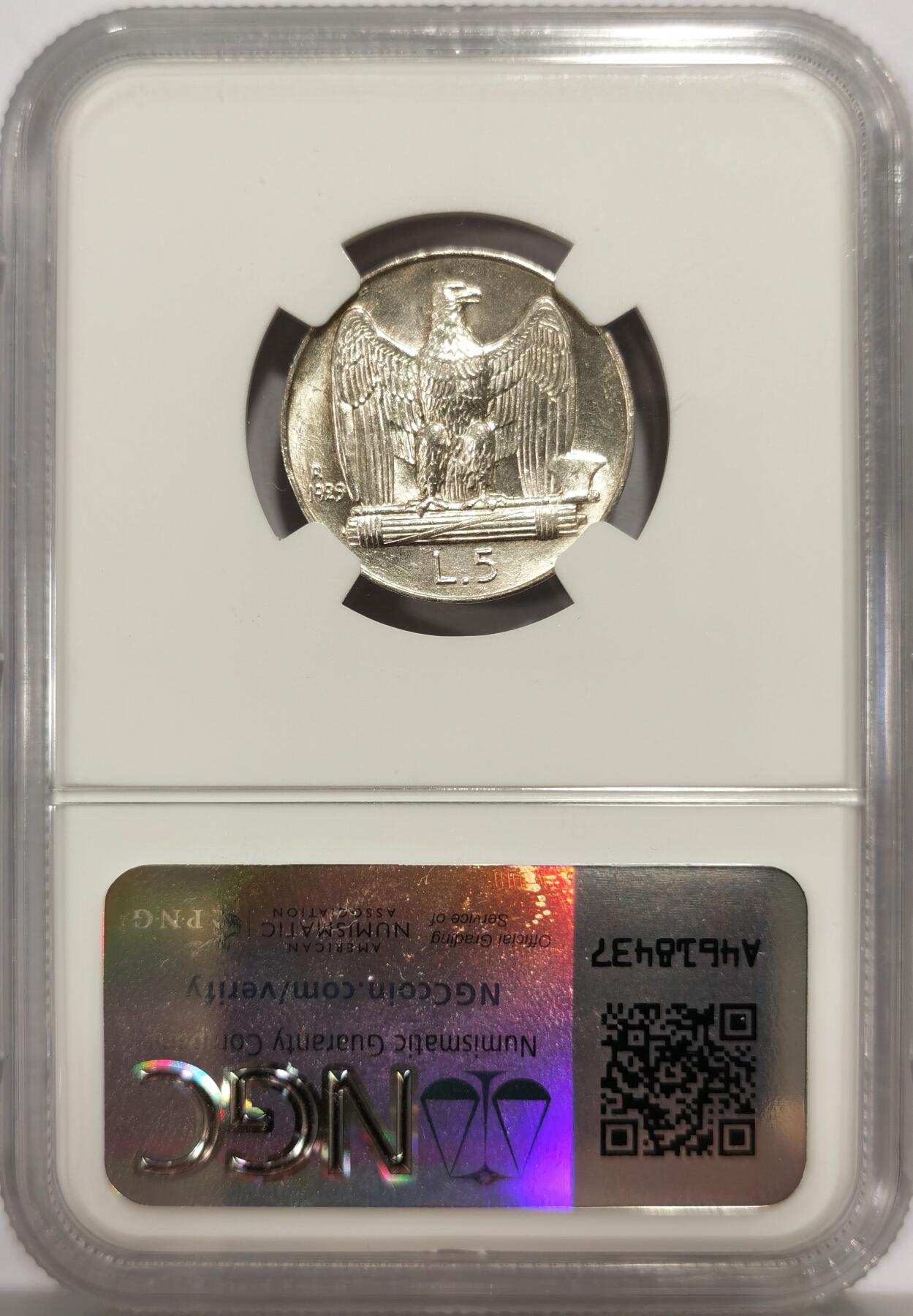 博洋堂世界钱币拍卖第139期（全场包邮） NGC MS62 意大利1929年小鹰5里拉银币 丝滑转光 少年份