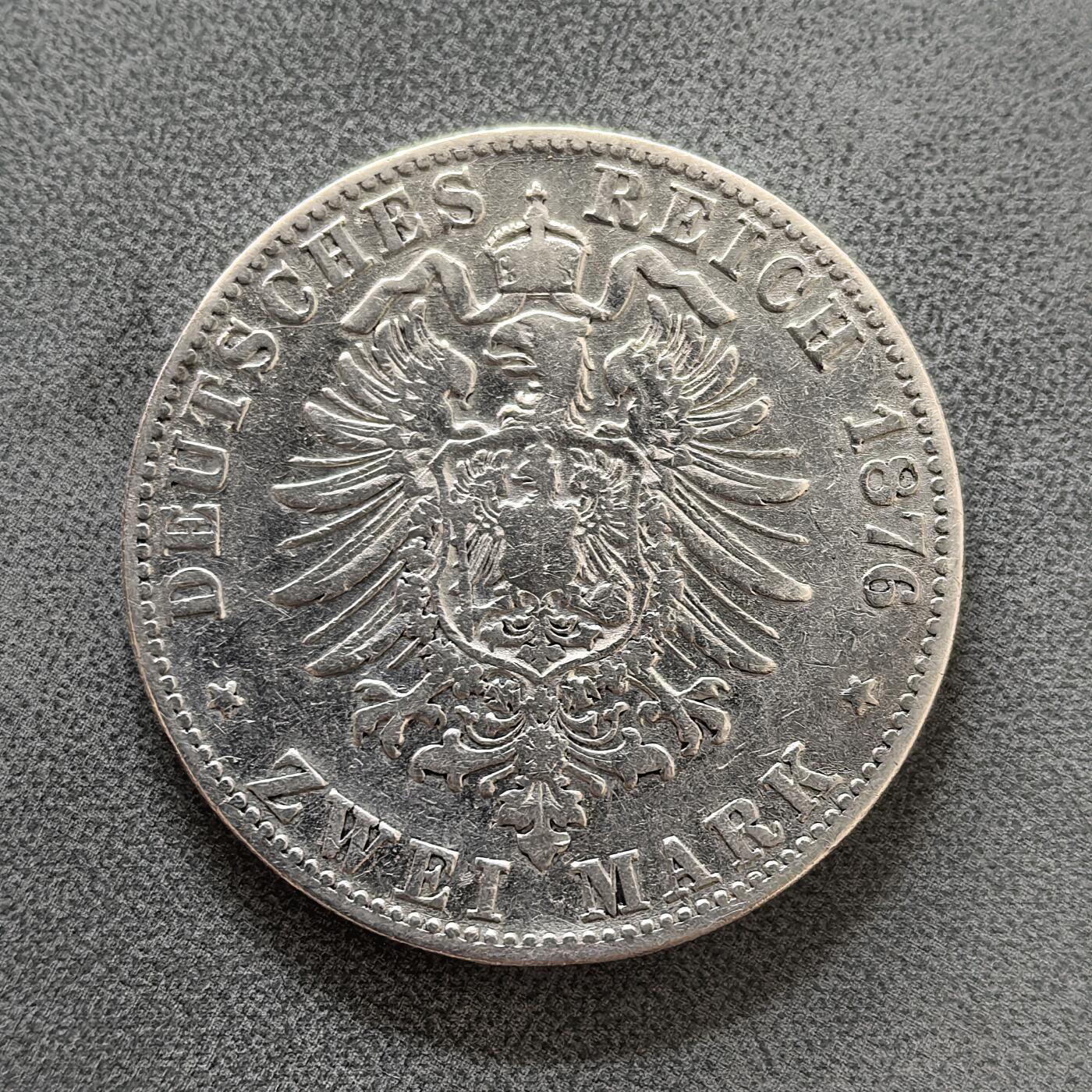 道一币馆币章第一百四十五场 德国1876年巴登短翅2马克银币