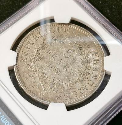 甄臻铺-世界币章拍卖（第33期），送拍享返佣金等优惠多多 NGC-AU58 法国1876A 大力神5法郎大银币 原味包浆