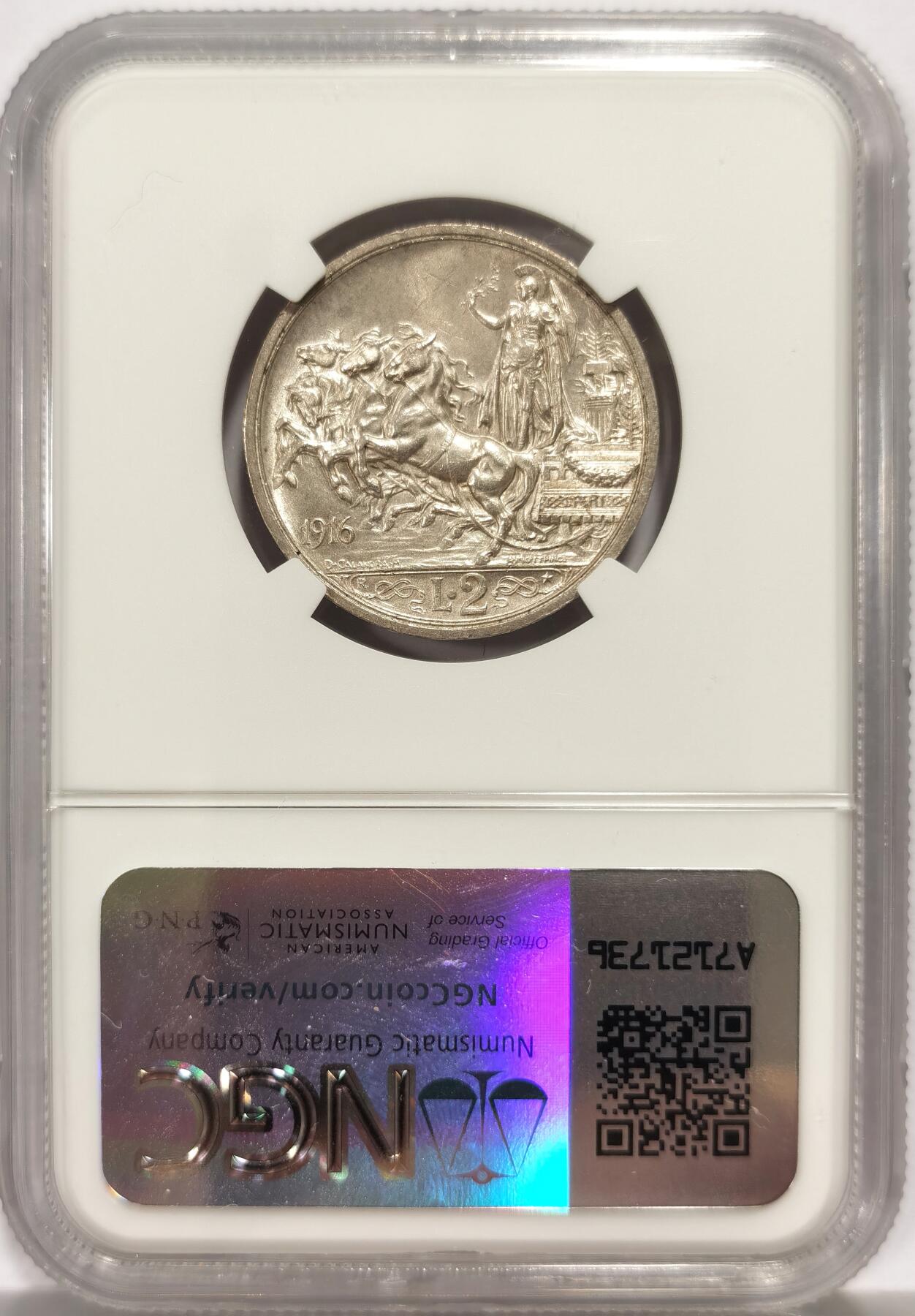 博洋堂世界钱币拍卖第139期（全场包邮） NGC MS63 意大利1916年马车2里拉银币