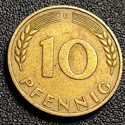 泉币菌-第107场-精品福利场 数量少 早期联邦德国1950年 10芬尼硬币 橡树麦穗  银行版 21.5mm