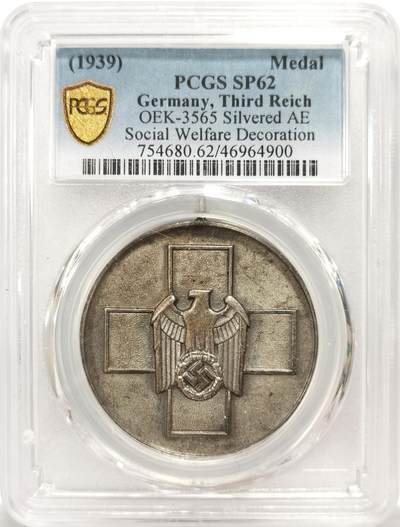 博洋堂世界钱币拍卖第139期（全场包邮） - PCGS SP62 元首1939年社会福利奖章银章（铜镀银），冠军分66分拍了2180美金！极其稀有的厚重大章！