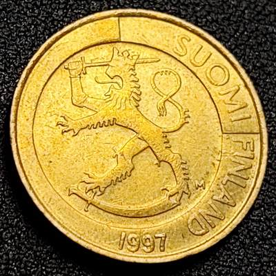 泉币菌-第107场-精品福利场 -  芬兰1997年1马克铜币.持剑狮子.