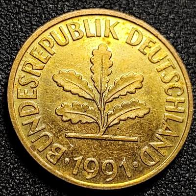 泉币菌-第107场-精品福利场 原铜光UNC 联邦德国1991年 10芬尼硬币 橡树麦穗  银行版 21.5mm