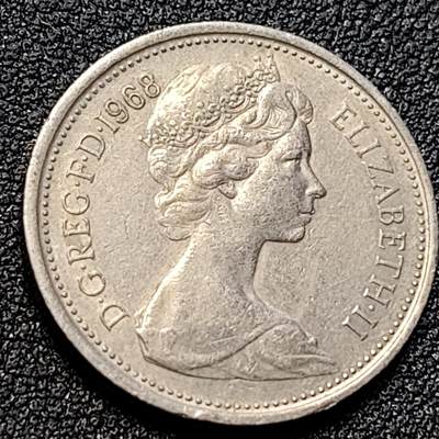 泉币菌-第107场-精品福利场 早期老版 1968年英国大5便士镍币 皇冠蓟草 23mm