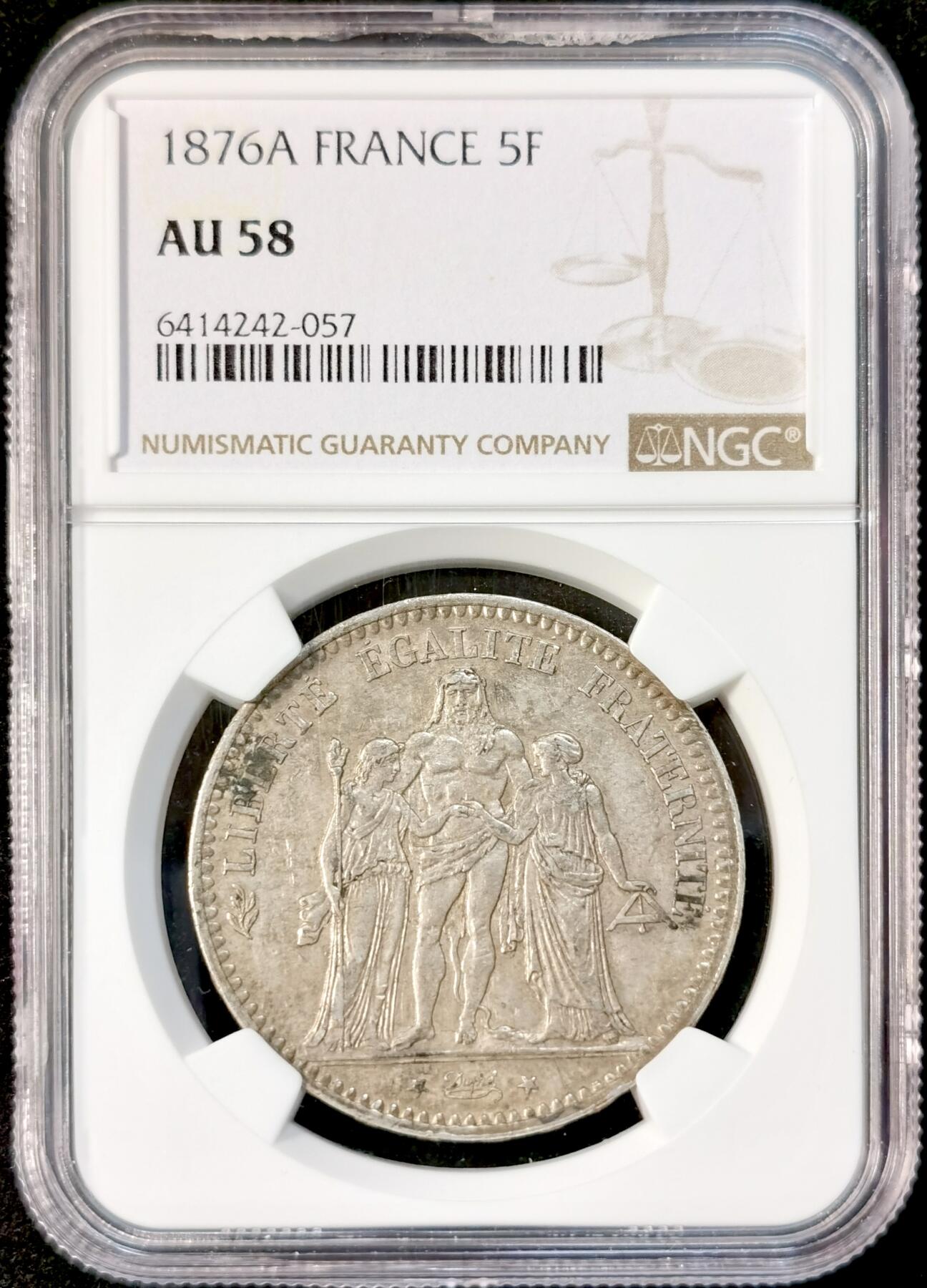 甄臻铺-世界币章拍卖（第33期），送拍享返佣金等优惠多多 NGC-AU58 法国1876A 大力神5法郎大银币 原味包浆