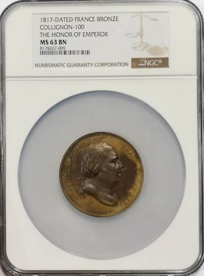 博洋堂世界钱币拍卖第139期（全场包邮） - NGC MS63 法国1817路易十八“王者荣耀”（皇帝的荣誉）镀金巨大铜章，50mm，镀金款比铜款更稀有！背面双女神授予君权荣誉大事记经典构图！