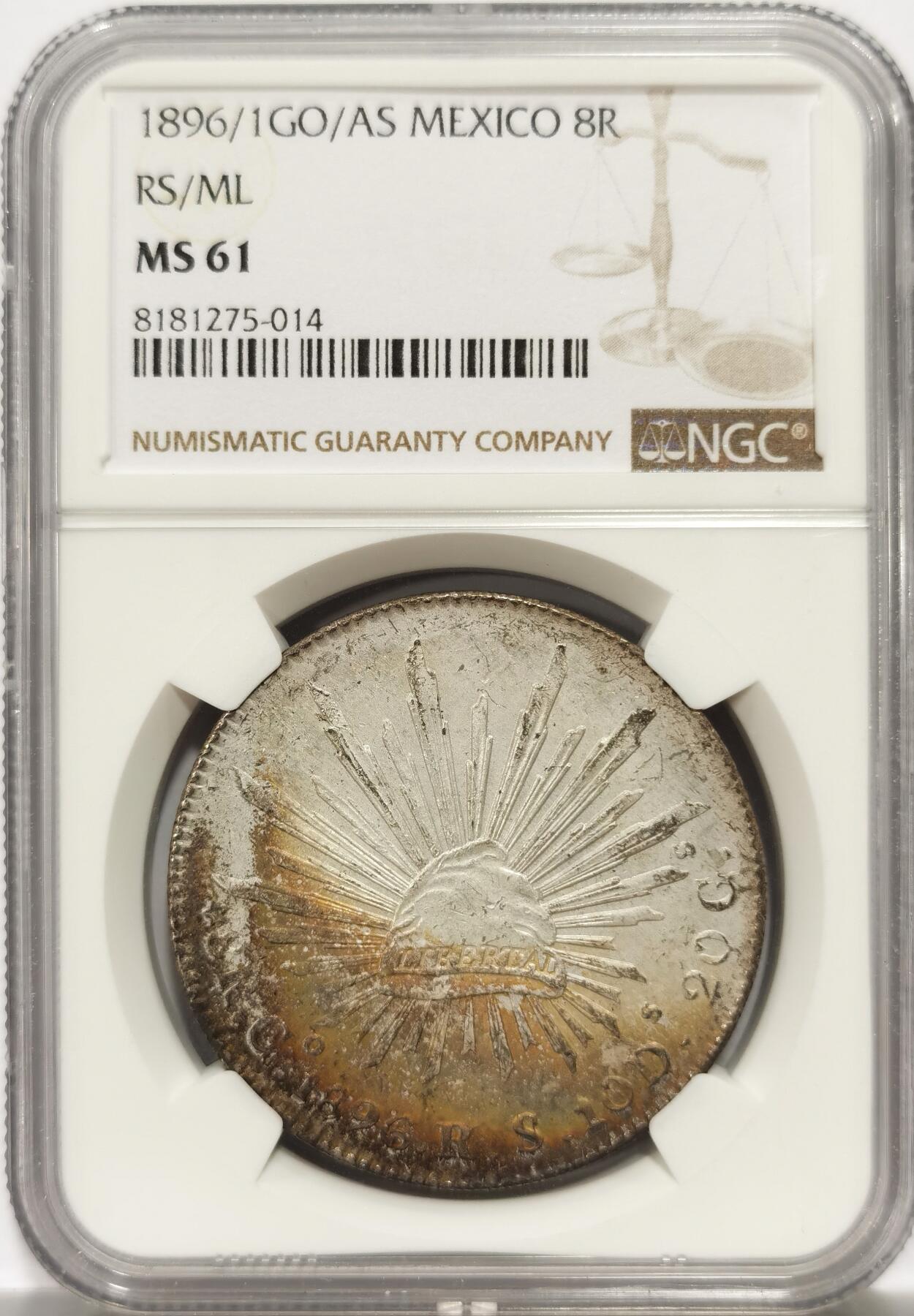 博洋堂世界钱币拍卖第139期（全场包邮） NGC MS61 墨西哥1896/1年GO/AS RS/ML花边鹰洋，罕见年份、厂别、鉴定师三骑字版，极美五彩包浆