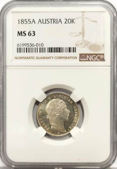 博洋堂世界钱币拍卖第139期（全场包邮） - NGC MS63 奥地利1855年约瑟夫一世流通20克洛泽，极其罕见的少年版，类似PL底板，NGC评级榜第二名！