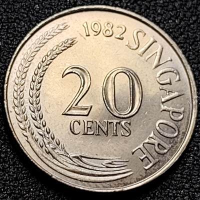 泉币菌-第107场-精品福利场 原光UNC 高币值 1982年 新加坡20分 海洋动物-剑鱼 24mm