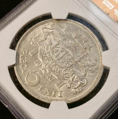 甄臻铺-世界币章拍卖（第33期），送拍享返佣金等优惠多多 NGC UNC Details 拉脱维亚1929年 5拉特 正面有划痕 背面有转光
