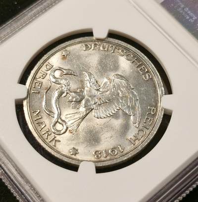 甄臻铺-世界币章拍卖（第33期），送拍享返佣金等优惠多多 NGC-MS63 1913年德意志第二帝国普鲁士战胜拿破仑百年纪念3马克，品相不输64分