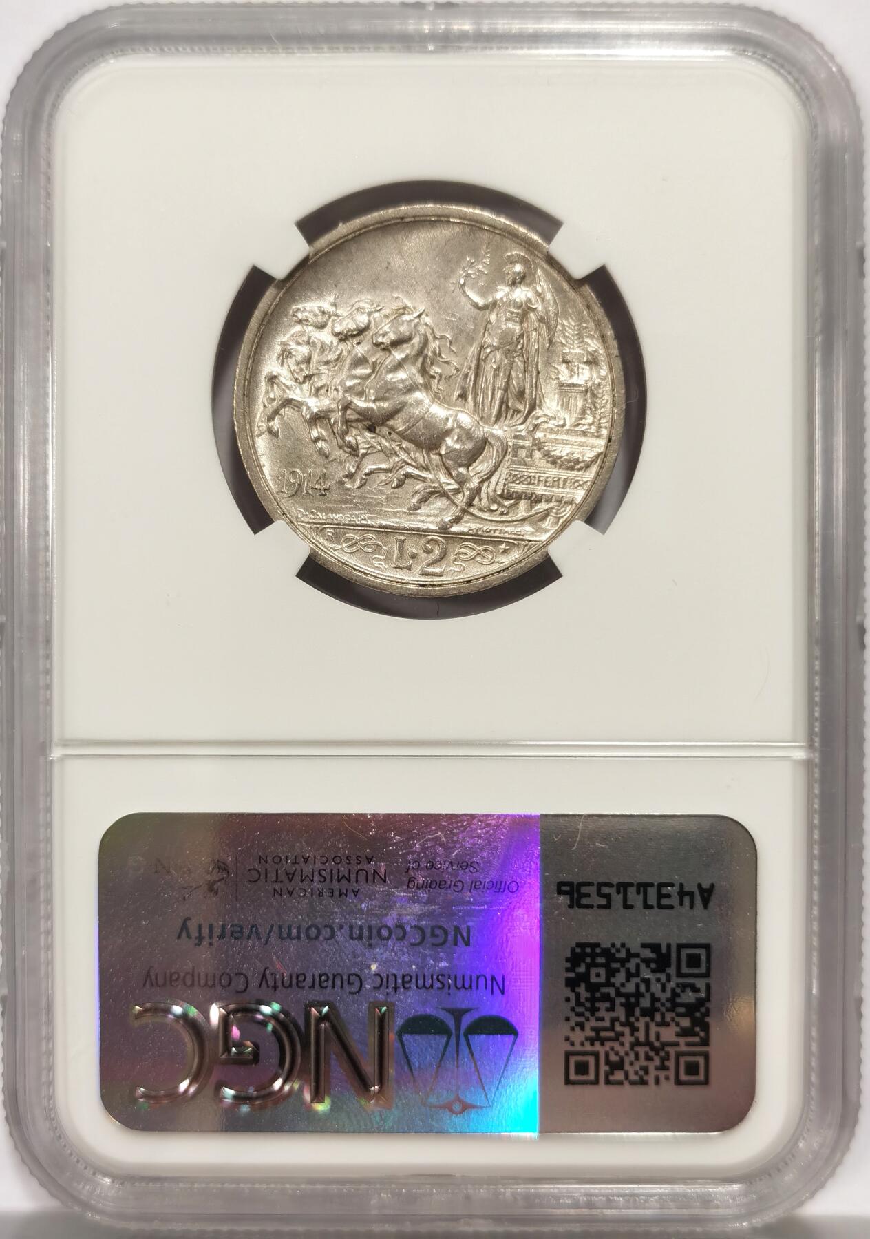 博洋堂世界钱币拍卖第139期（全场包邮） NGC MS62 意大利1914年马车2里拉银币