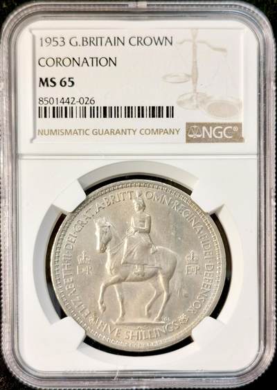 甄臻铺-世界币章拍卖（第33期），送拍享返佣金等优惠多多 - NGC-MS65 1953年英国伊丽莎白登基纪念克朗