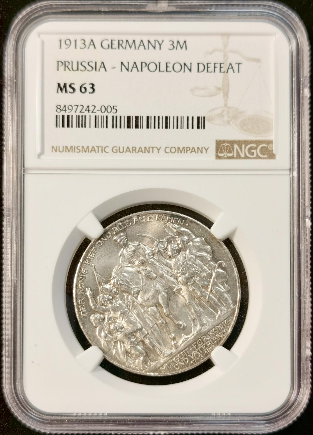 甄臻铺-世界币章拍卖（第33期），送拍享返佣金等优惠多多 NGC-MS63 1913年德意志第二帝国普鲁士战胜拿破仑百年纪念3马克，品相不输64分