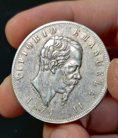 甄臻铺-世界币章拍卖（第33期），送拍享返佣金等优惠多多 意大利1874年 埃曼纽尔二世5里拉银币
