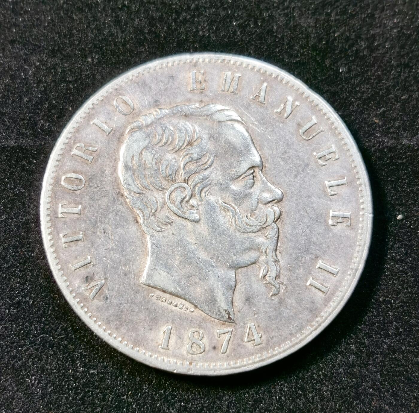 甄臻铺-世界币章拍卖（第33期），送拍享返佣金等优惠多多 意大利1874年 埃曼纽尔二世5里拉银币
