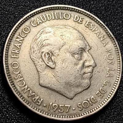 泉币菌-第107场-精品福利场 少见超大尺寸 佛朗哥 西班牙 1957年50比塞塔 镍币 30.0毫米 12.4克