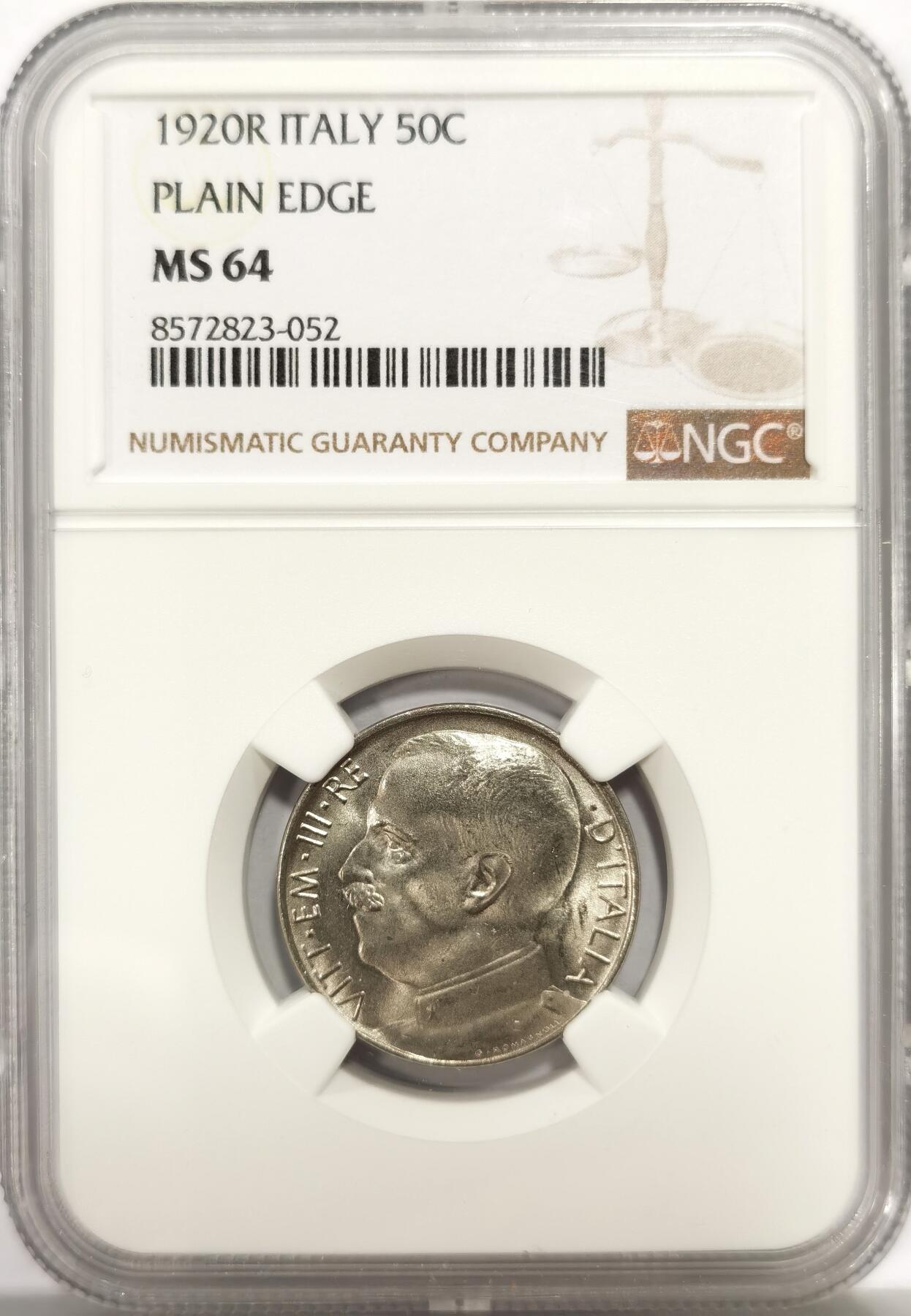 博洋堂世界钱币拍卖第139期（全场包邮） NGC MS64 意大利1920年埃曼纽尔三世狮子战车50C镍币，平边高分少见品