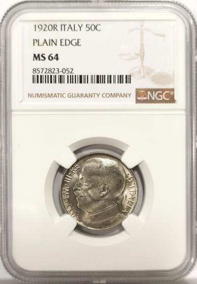 博洋堂世界钱币拍卖第139期（全场包邮） - NGC MS64 意大利1920年埃曼纽尔三世狮子战车50C镍币，平边高分少见品