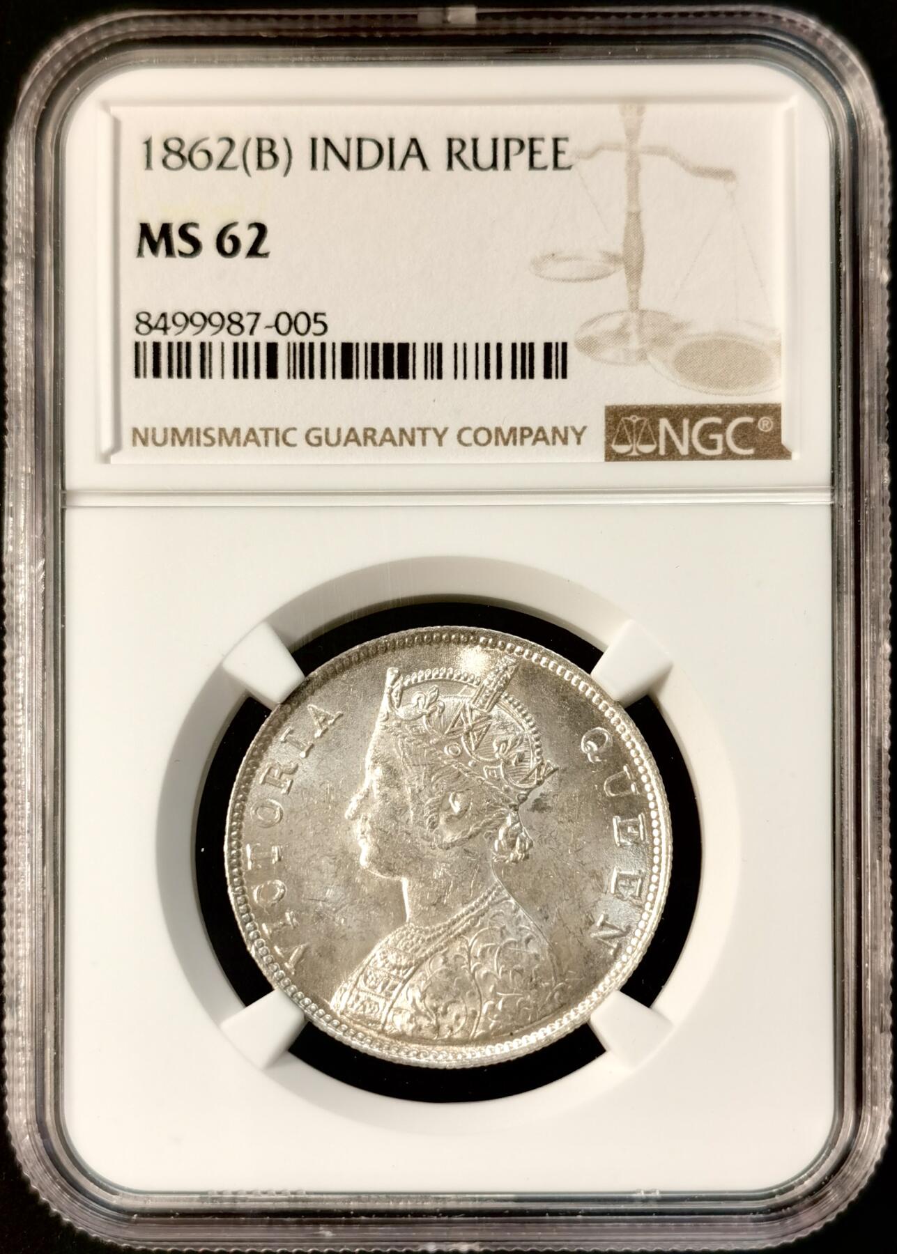 甄臻铺-世界币章拍卖（第33期），送拍享返佣金等优惠多多 NGC-MS62 1862年英属印度维多利亚卢比，品相不输63