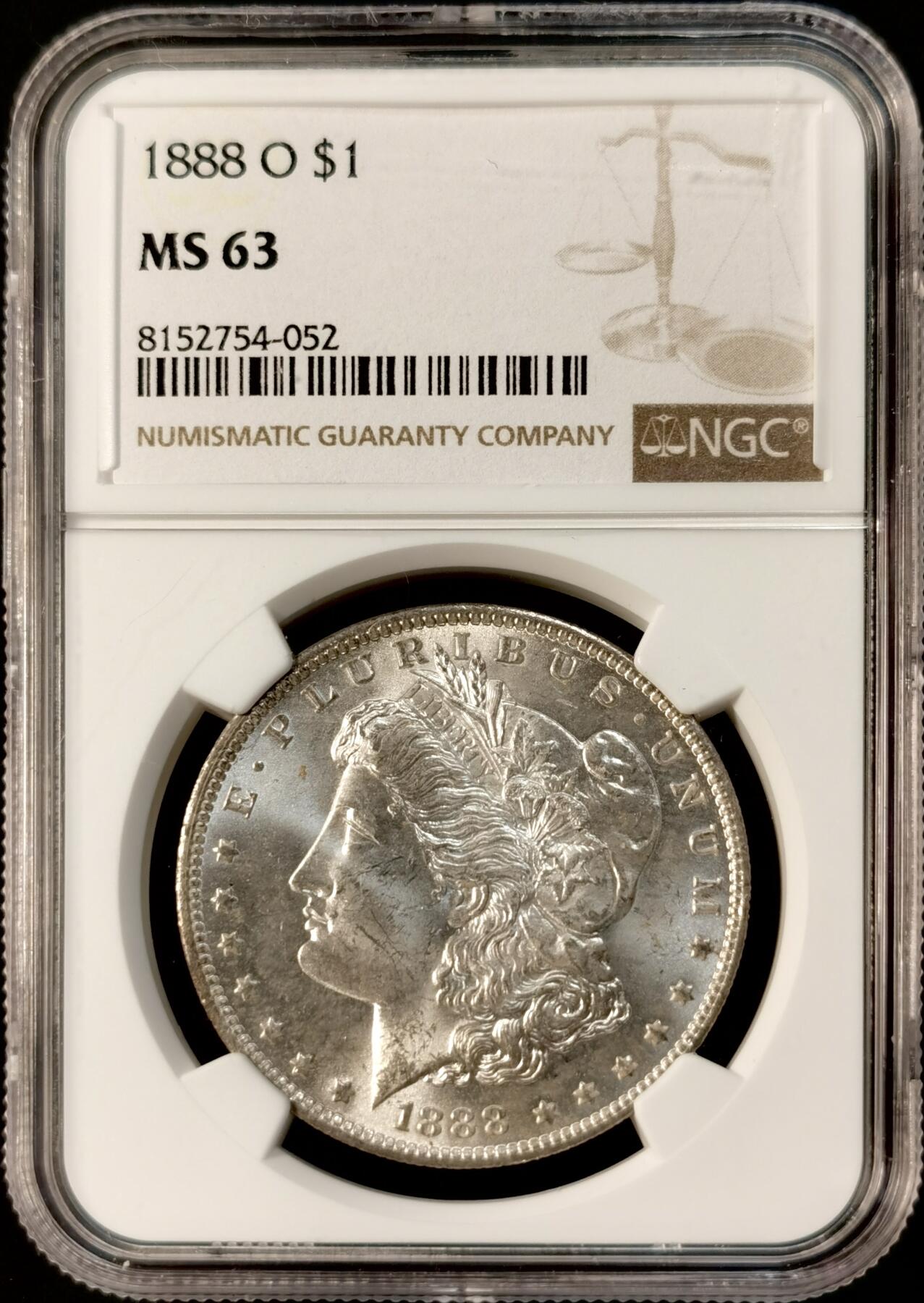 甄臻铺-世界币章拍卖（第33期），送拍享返佣金等优惠多多 NGC-MS63 1888年O版摩根，正面PL质感地板