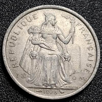 泉币菌-第107场-精品福利场 光明女神 法属玻里波利尼西亚1973年2法郎铝制硬币 27mm 海岛帆船