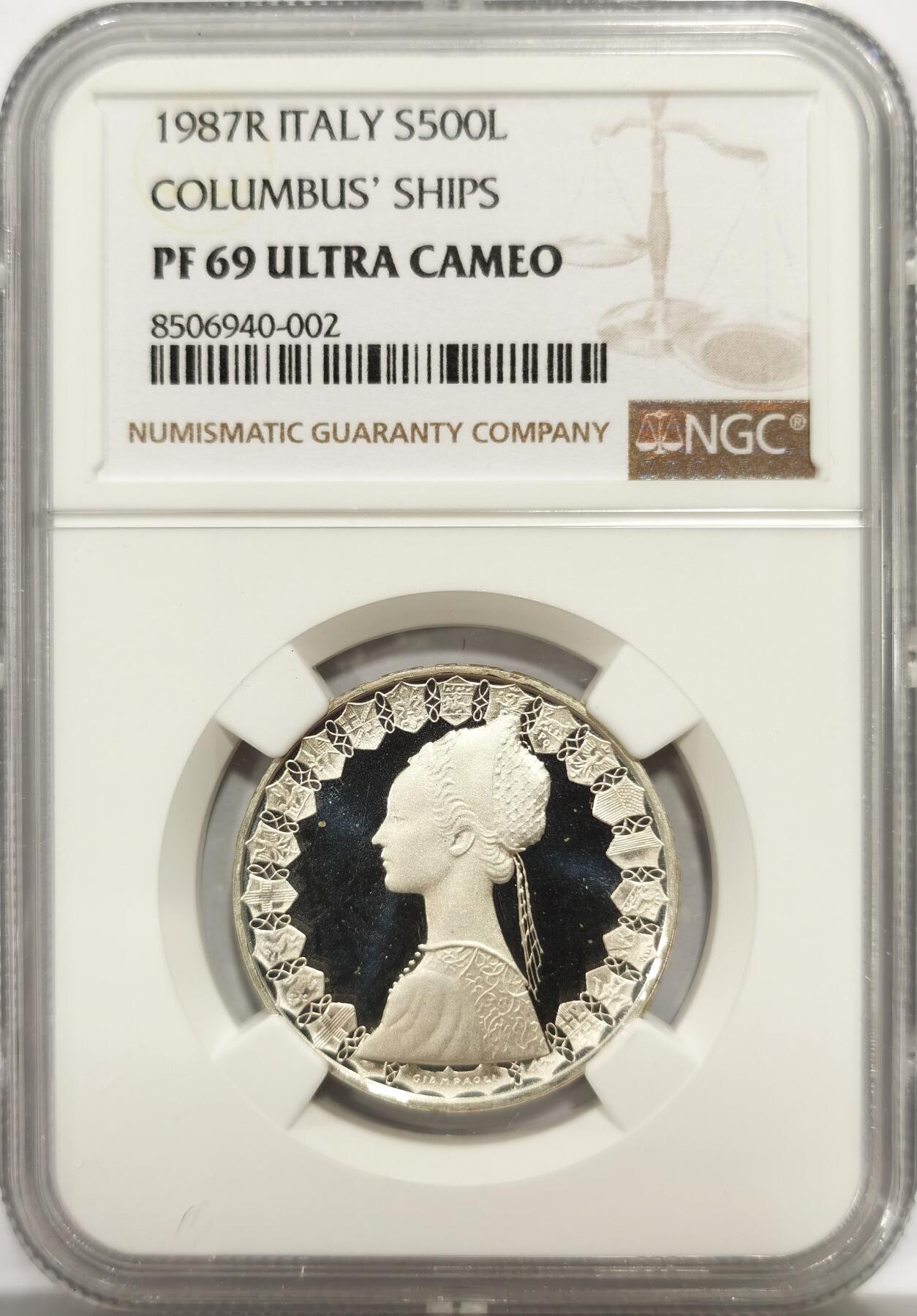 博洋堂世界钱币拍卖第139期（全场包邮） NGC PF69UC 意大利1987年文艺复兴服饰美女半身像精制500里拉银币 高分