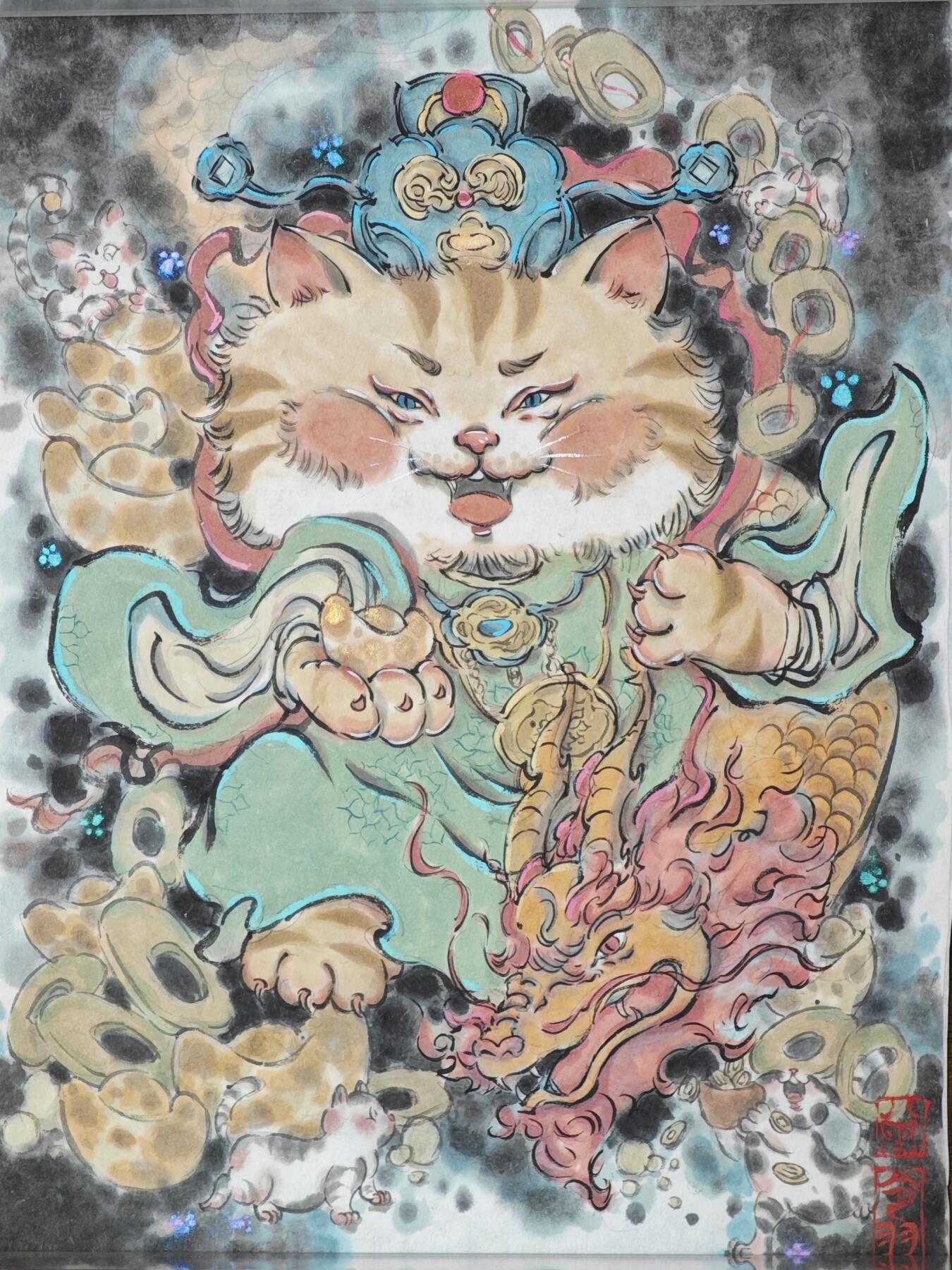白泽拍卖卡牌手绘专场第24期（持续征集ING，白露暧秋色，月明清漏中） 2025 曾令羽手绘画 招财猫 尺寸：19cm*25.5cm