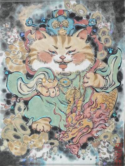白泽拍卖卡牌手绘专场第24期（持续征集ING，白露暧秋色，月明清漏中） - 2025 曾令羽手绘画 招财猫 尺寸：19cm*25.5cm
