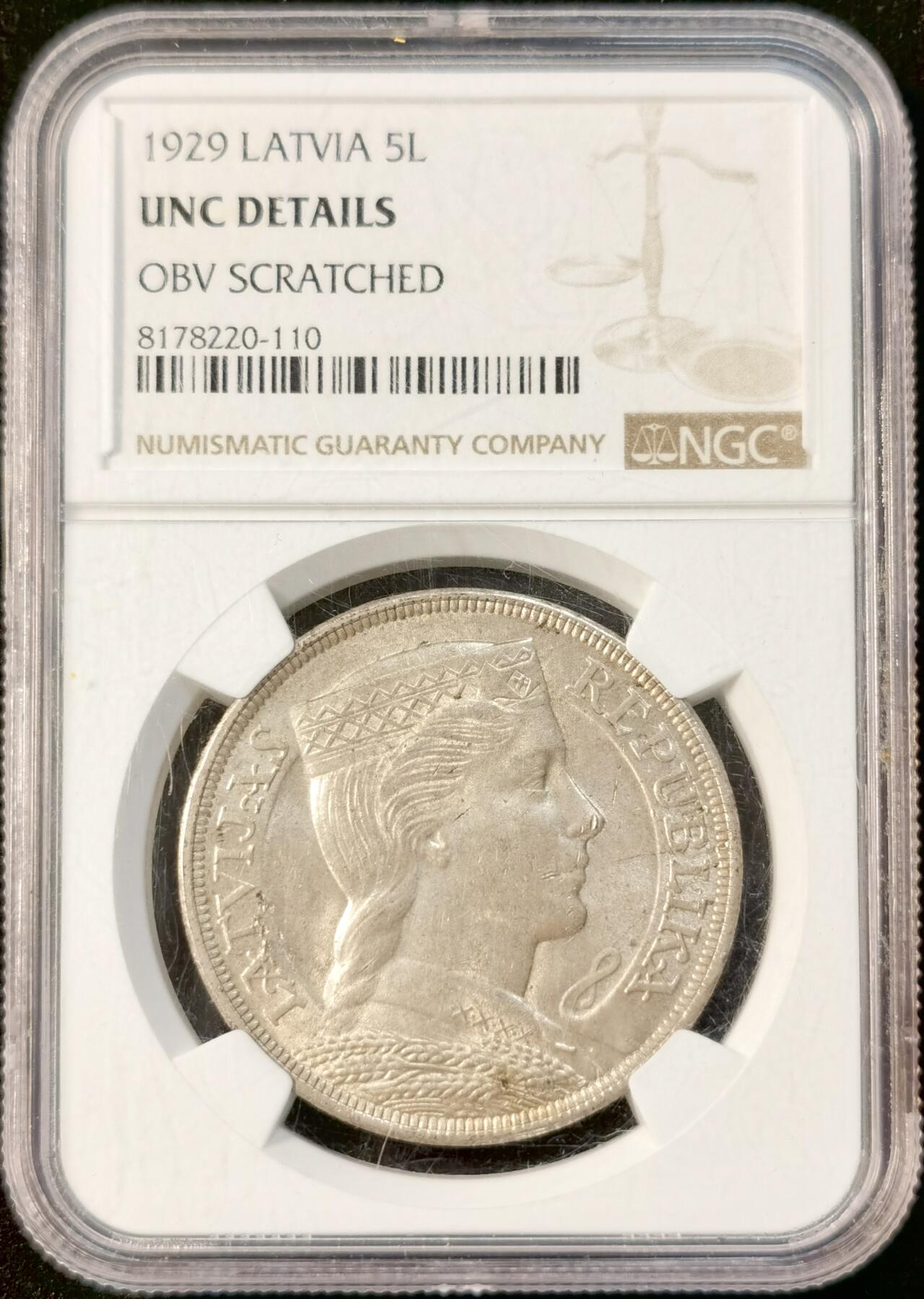 甄臻铺-世界币章拍卖（第33期），送拍享返佣金等优惠多多 NGC UNC Details 拉脱维亚1929年 5拉特 正面有划痕 背面有转光