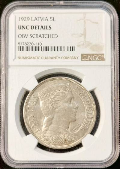 甄臻铺-世界币章拍卖（第33期），送拍享返佣金等优惠多多 - NGC UNC Details 拉脱维亚1929年 5拉特 正面有划痕 背面有转光