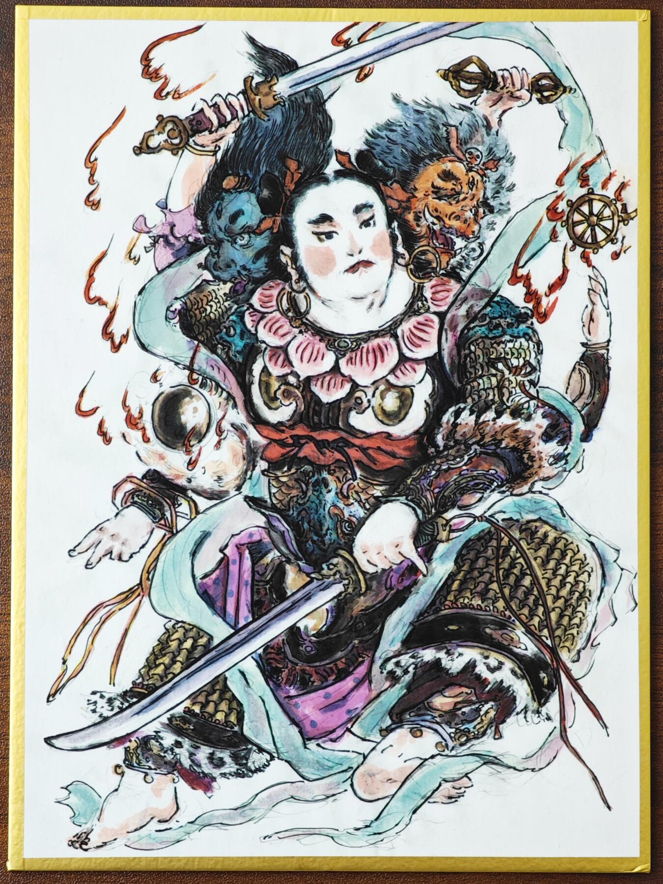白泽拍卖卡牌手绘专场第24期（持续征集ING，白露暧秋色，月明清漏中） 2025 秦嘉裕色纸 哪吒 尺寸：14cm*19cm+西行四圣明信片4张  色纸秦嘉裕亲签