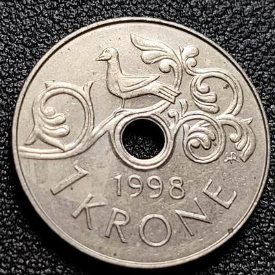 泉币菌-第108场-散币乐园场 - 挪威1998年 1克朗硬币 哈拉尔五世皇冠 中孔铜镍币 21mm
