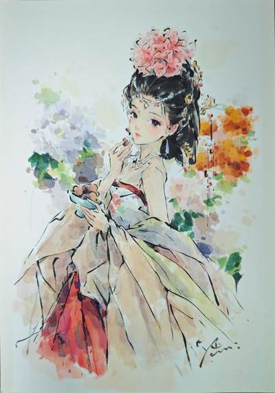 白泽拍卖卡牌手绘专场第24期（持续征集ING，白露暧秋色，月明清漏中） - 2025 迟迟手绘画 杨贵妃 尺寸：24.5cm*37.5cm  迟迟亲签