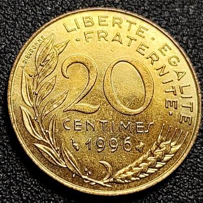 泉币菌-第107场-精品福利场 - 原铜光UNC 法国1996年20生丁铜币 玛丽安娜 入欧前末版 绝版