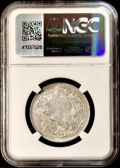 甄臻铺-世界币章拍卖（第33期），送拍享返佣金等优惠多多 NGC-MS62 1862年英属印度维多利亚卢比，品相不输63