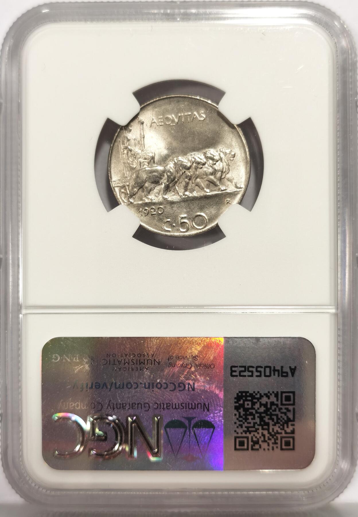 博洋堂世界钱币拍卖第139期（全场包邮） NGC MS64 意大利1920年埃曼纽尔三世狮子战车50C镍币，平边高分少见品