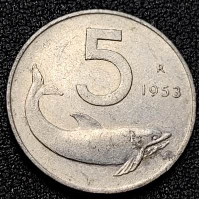 泉币菌-第107场-精品福利场 - 1953年 意大利海豚5里拉铝币 20MM 