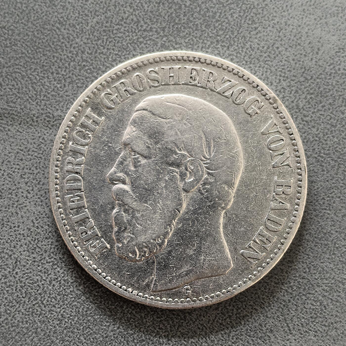 道一币馆币章第一百四十五场 德国1876年巴登短翅2马克银币