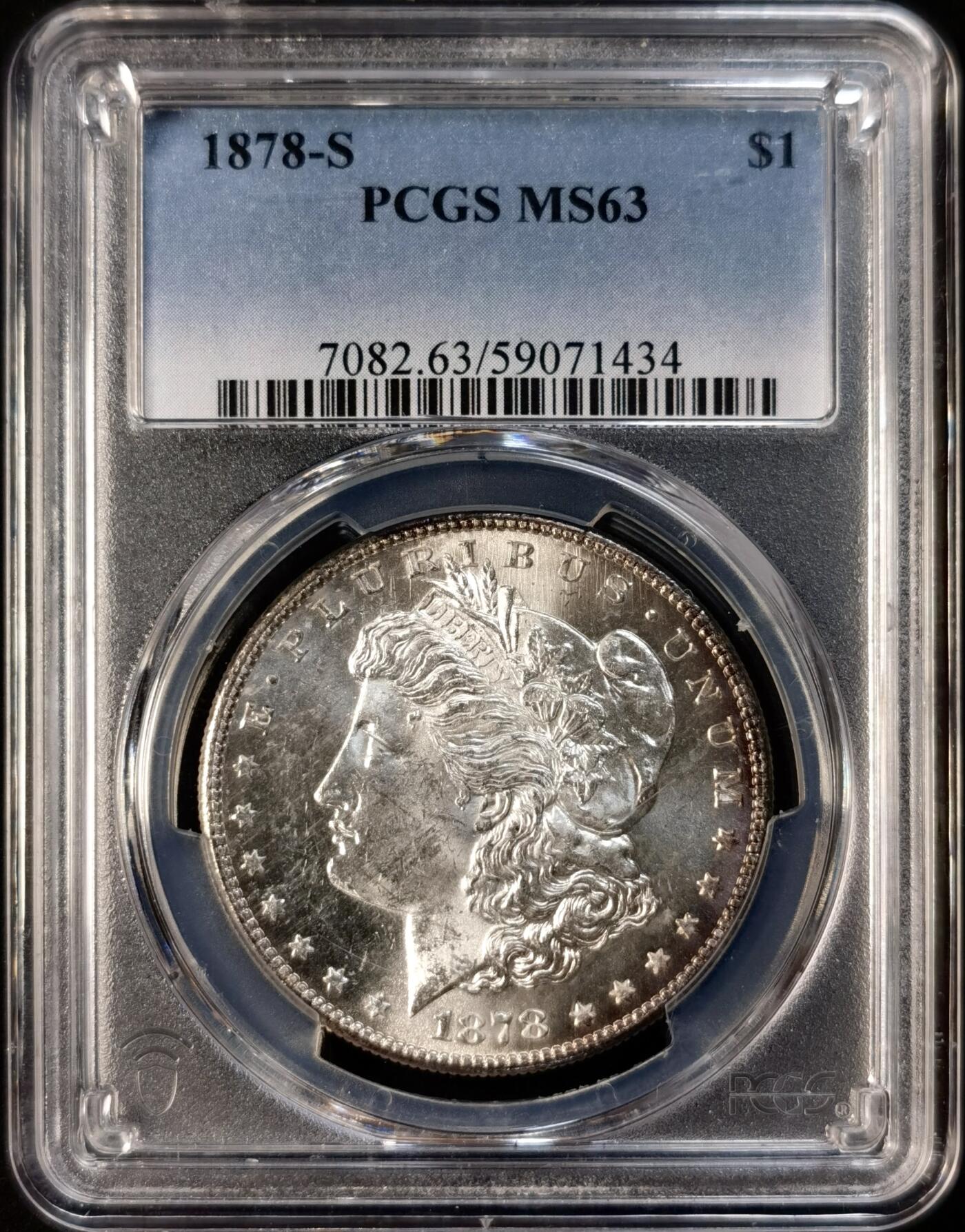 甄臻铺-世界币章拍卖（第33期），送拍享返佣金等优惠多多 PCGS-MS63 1878年S版摩根，PL质感，淡淡包浆