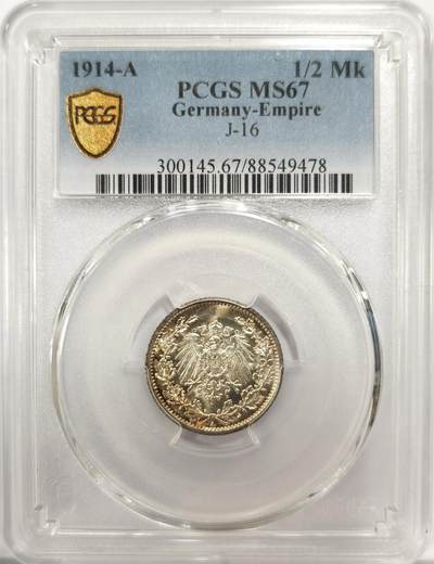 博洋堂世界钱币拍卖第139期（全场包邮） - PCGS MS67 德国第二帝国1914年流通1/2马克银币，炫彩，超高分！