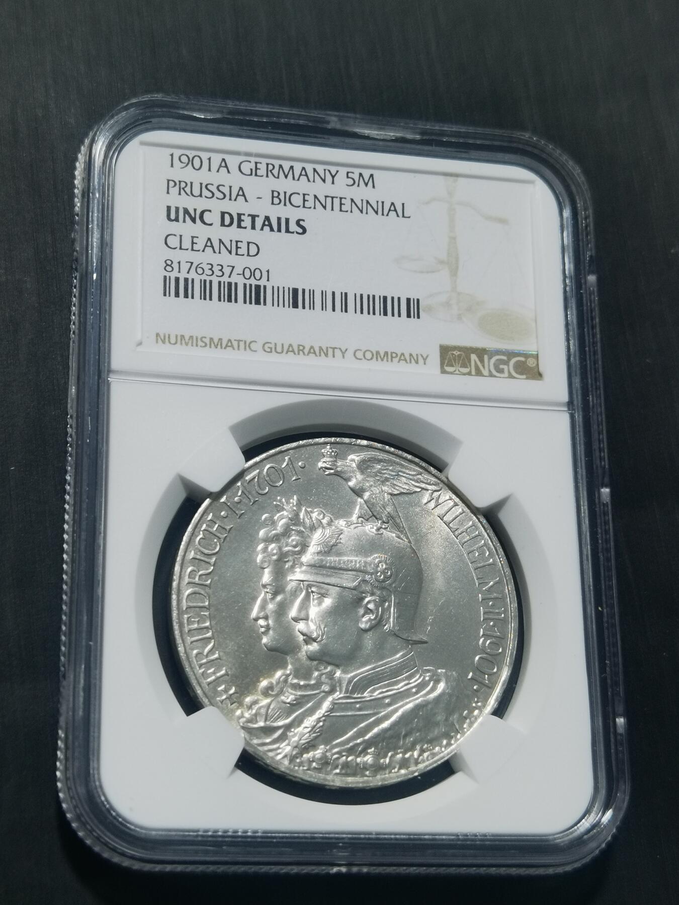 天下钱庄专场欢迎参拍 德国普鲁士建国200周年5马克银币 NGC UNC