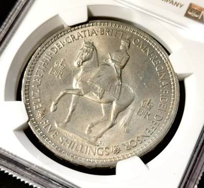 甄臻铺-世界币章拍卖（第33期），送拍享返佣金等优惠多多 NGC-MS65 1953年英国伊丽莎白登基纪念克朗