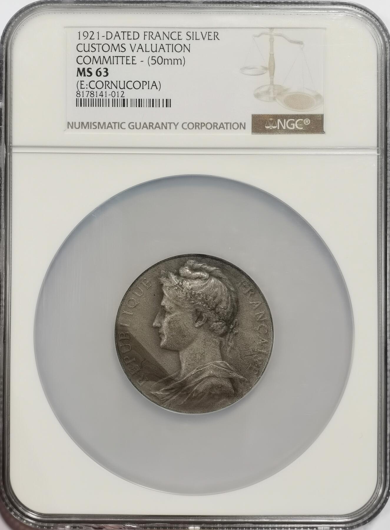 博洋堂世界钱币拍卖第139期（全场包邮） NGC MS63 法国1921年商业与工业部颁发海关估价委员会纪念巨大银章，50mm大银，原味包浆，授予M·博格·R，丰饶角铭。非常压手！