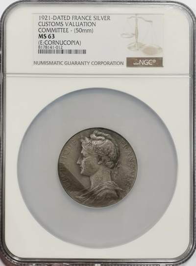 博洋堂世界钱币拍卖第139期（全场包邮） - NGC MS63 法国1921年商业与工业部颁发海关估价委员会纪念巨大银章，50mm大银，原味包浆，授予M·博格·R，丰饶角铭。非常压手！